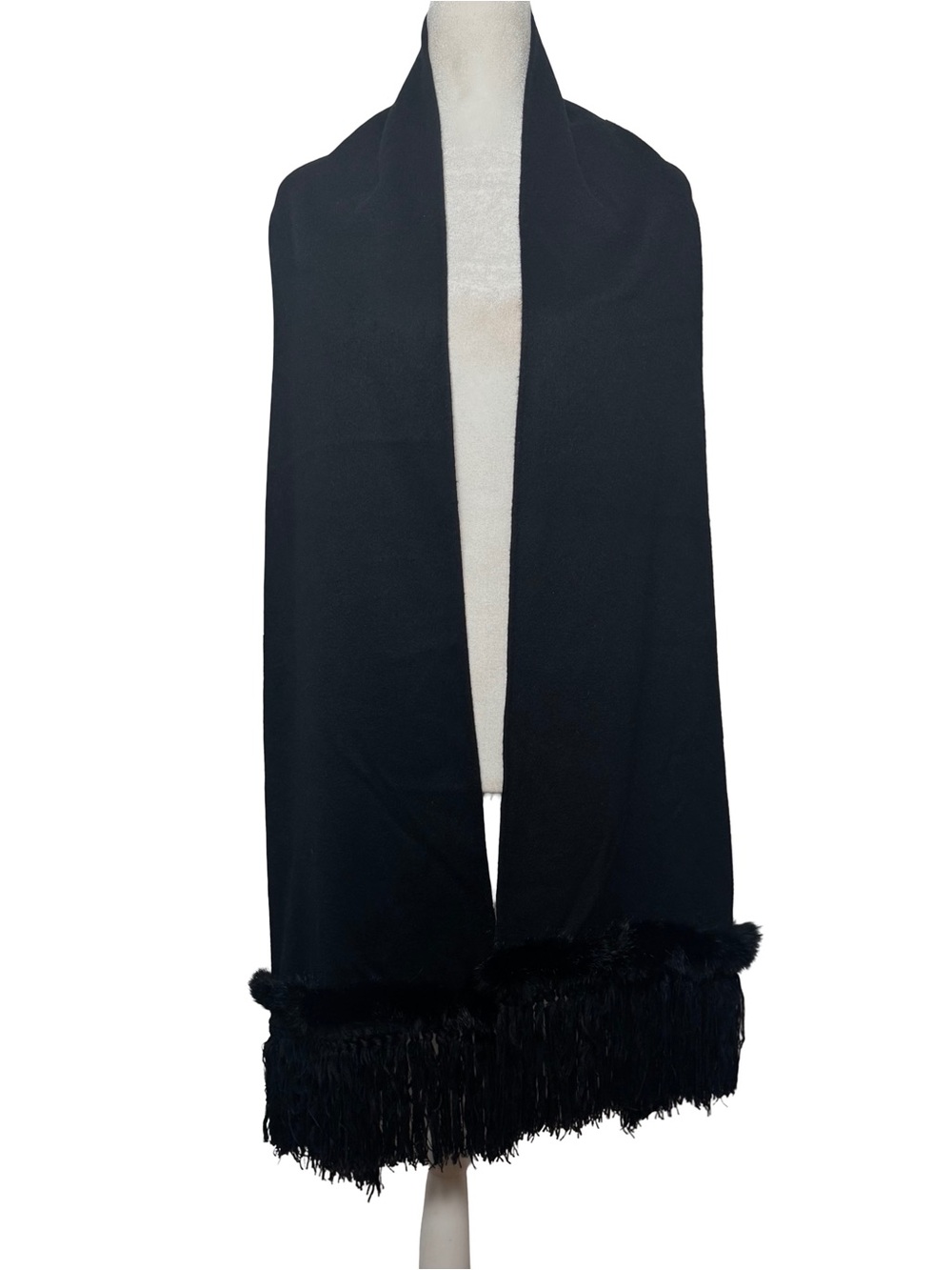 Escada Black Fringe Trim Long Scarf Wrap, 60% Wool 30 Angora, 10 cashmere. NWOT